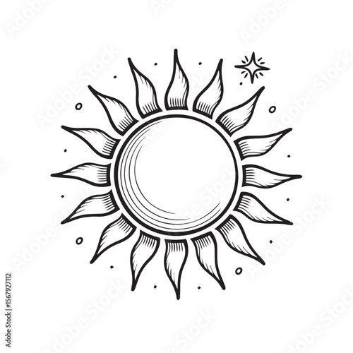 A stylized sun with rays, and a small star, isolated on white background