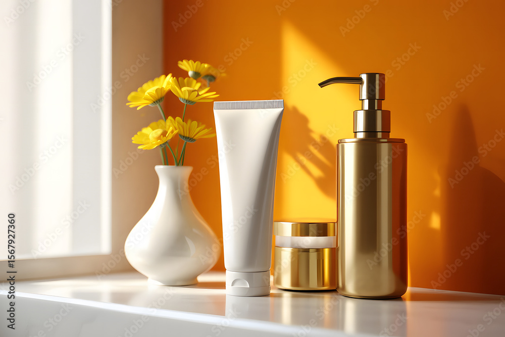 Luxury skincare products: gold dispenser, white tube, jar, yellow flowers, minimalist, bright orange background. Luxury skincare products: gold dispenser, white tube, jar, yellow flowers, minimalist, bright orange background.