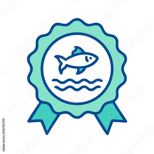 Eco-friendly aquaculture certification badge featuring a fish and waves design
