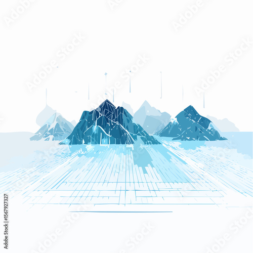Abstract illustration of stylized blue mountains with digital lines and effects.