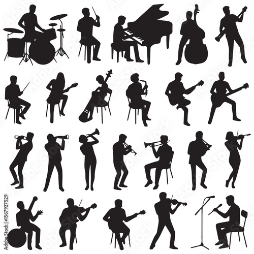 Diverse group of musicians performing various instruments in silhouette against a white background