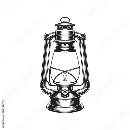 An antique oil lantern glows softly, isolated on white background