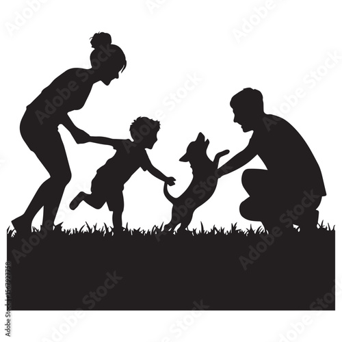 Happy family and dog silhouette playing together in the grass on a white background