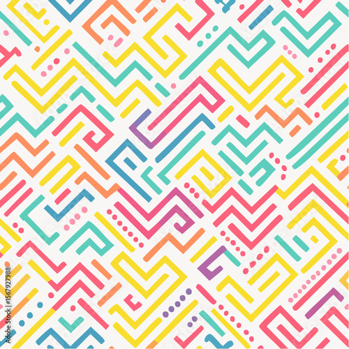 Colorful geometric pattern with lines and dots in yellow, pink, blue, purple, and teal on a white background.