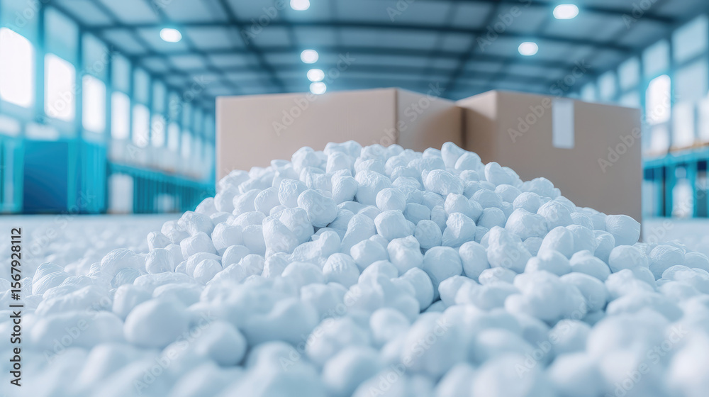 Fototapeta premium Packaging foam pellets are scattered on the floor in front of cardboard boxes. Industrial packaging and shipping supplies