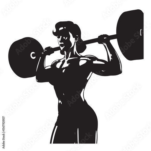 A strong woman weightlifts a barbell, isolated on white background