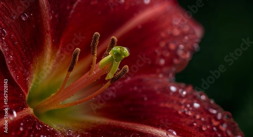 Close up of a red lily flower with water droplets on the petals and a green pistil in the center