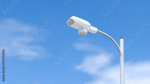 A streetlight with a surveillance camera is mounted on a tall pole against a clear sky. Urban surveillance technology