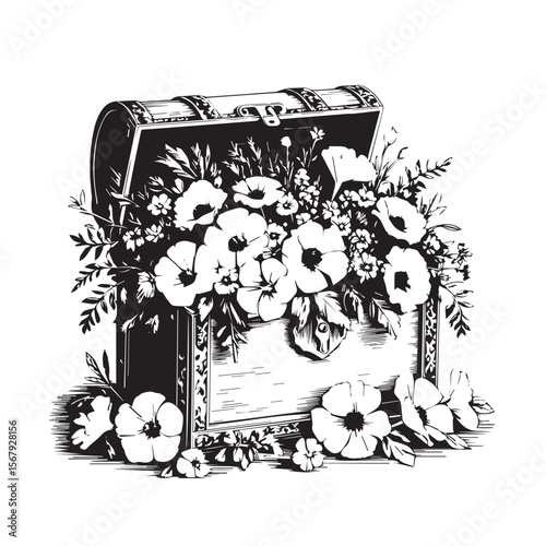 A vintage wooden chest overflowing with a vibrant floral bouquet, isolated on white background