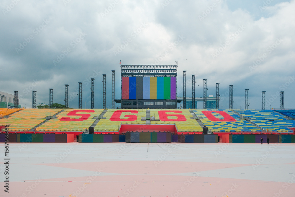 Naklejka premium Singapore Jul04 2025 - Preparations at the Padang for the country's 60th National Day Parade. Grandstands are set with colourful seating spelling out 