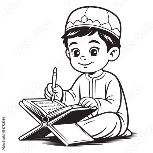 A cute muslim boy happily reads and writes in a book