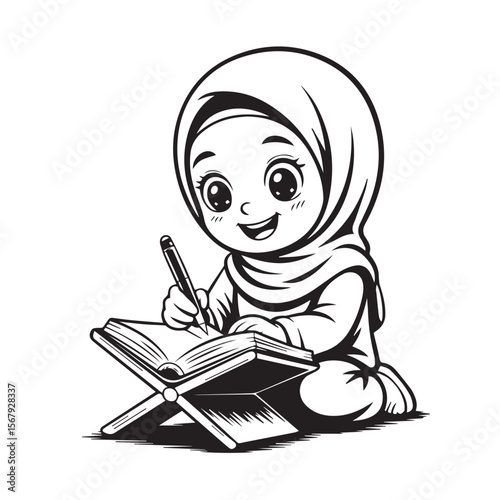 A cute girl in a hijab happily reads and writes in a book
