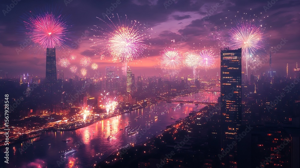 Fototapeta premium Dazzling Fireworks Illuminate the Vibrant Urban Skyline at Dusk