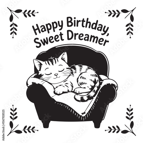A cute tabby cat is sleeping soundly in a cozy armchair, a heartwarming birthday card design isolated on white background