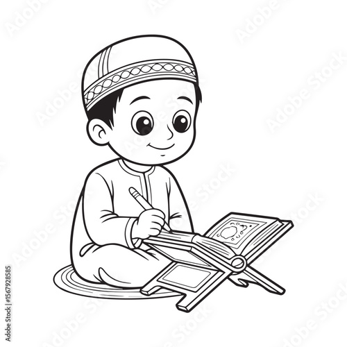 A cute muslim boy is happily reading and writing in his book