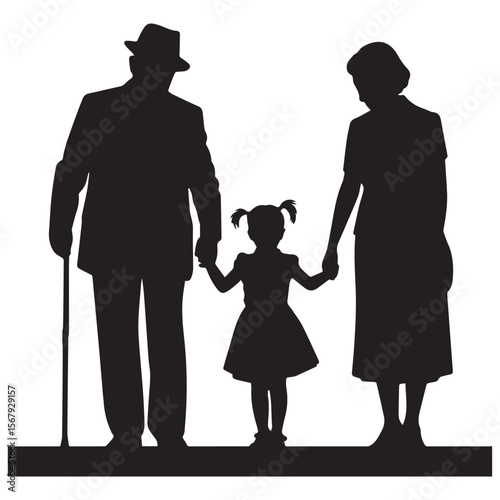 Grandparents holding hands with their granddaughter in a loving family moment