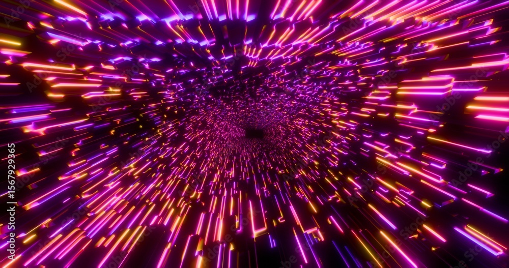 Obraz premium Futuristic glowing neon waving cube background. Shining geometric pink lines inside corridor in perspective. Bright retro digital cyberspace. 3D rendering.