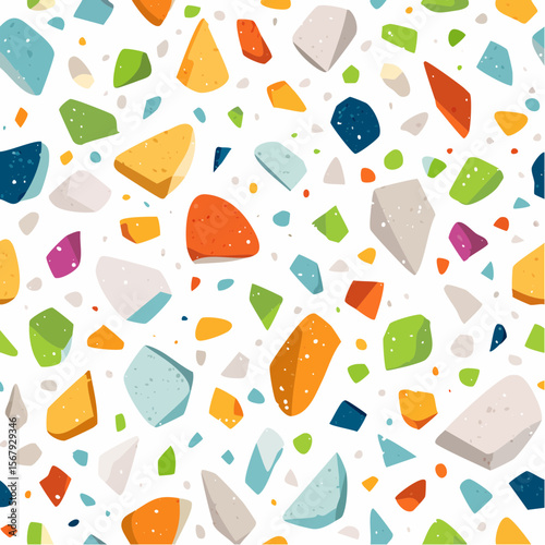 A seamless pattern featuring colorful terrazzo fragments scattered across a white background.