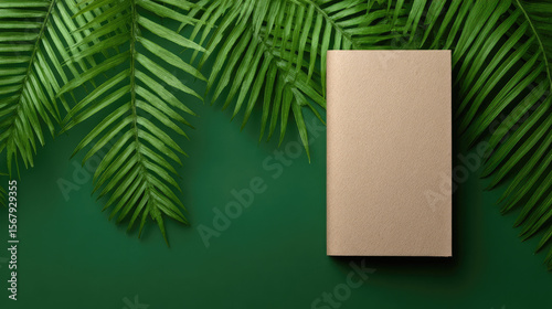 A closed brown book set beneath green palm leaves. Concept: nature, reading, tranquility