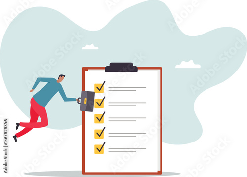 Complete checklist or finishing checkbox, task done within deadline, complete tasks list or project,business concept.people concept.