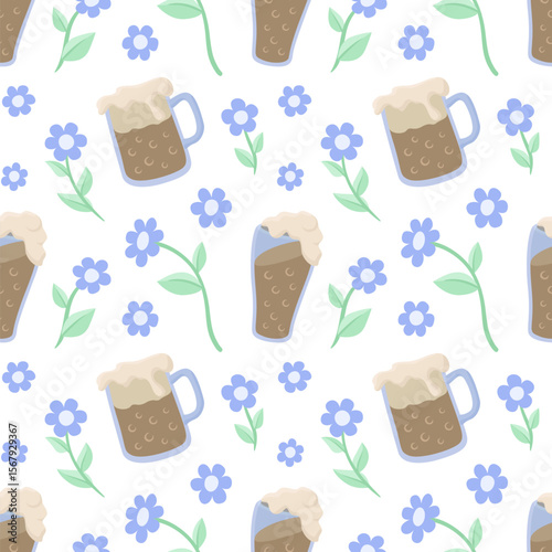 Tile pattern with frothy beer and flowers