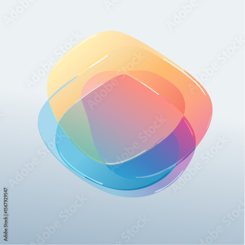 Abstract design with overlapping, translucent, colorful shapes.