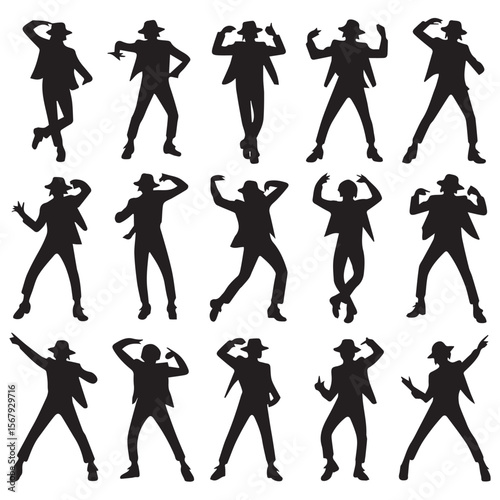 Collection of fifteen black silhouettes of men in fedora hats dancing and posing against a white background