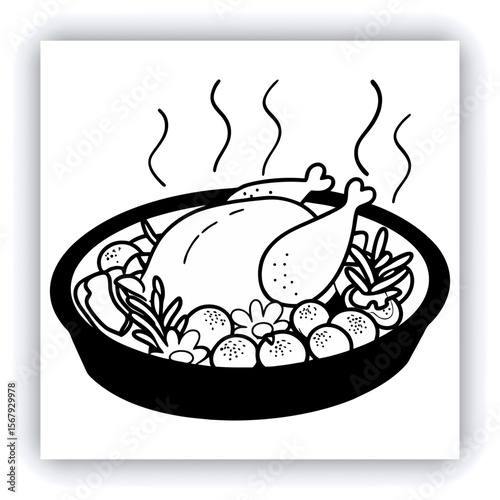 brazier. Fried eggplant, potatoes, peppers, tomatoes in pan. Vegetarian dish. View from above. Wooden background. Copy space