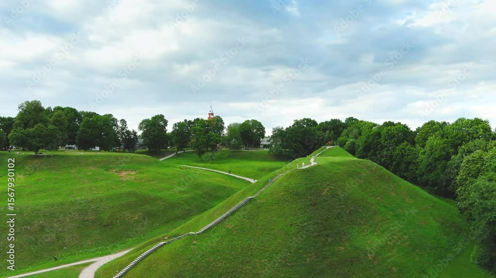Aerial view of Kernave Archaeological site, a medieval capital of the Grand Duchy of Lithuania, UNESCO World Heritage Site. Reconstructed medieval village. Annual Festival of Experimental Archaeology.