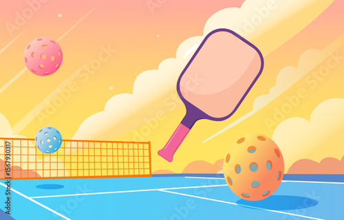 Minimalist cartoon illustration of a pickleball paddle and colorful balls flying across a court under a bright yellow and pink sunset sky with soft clouds