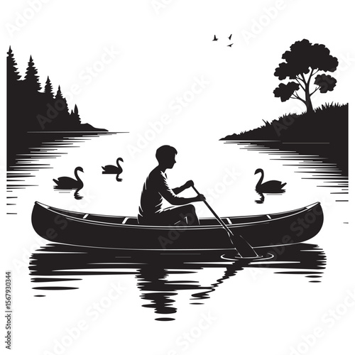 Silhouette of a person paddling a canoe on a calm lake with swans and trees