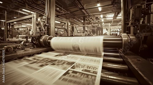 old worn vintage sepia toned polaroid photo of newspaper printing process	
