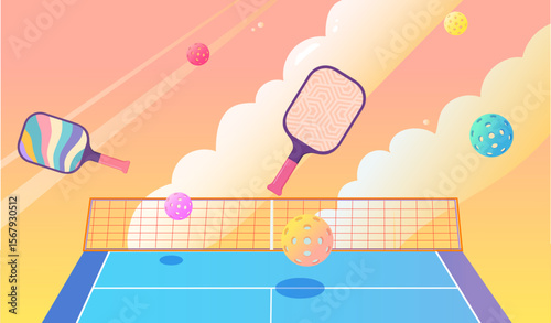 Colorful cartoon illustration of pickleball paddles and balls flying over a net on a bright court with a vibrant sunset sky and clouds
