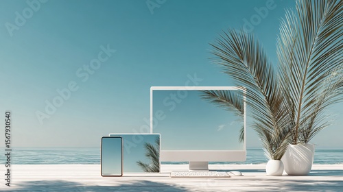 Dreamy digital beach escape: Modern devices mirroring serene ocean backdrop