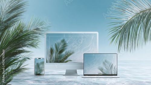 Sophisticated technology device display on a tranquil azure tropical ocean backdrop