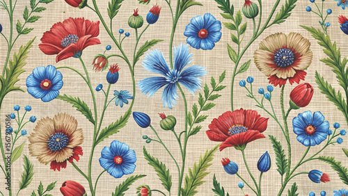 Floral Embroidered Effect Fabric by the yards Vector Background 