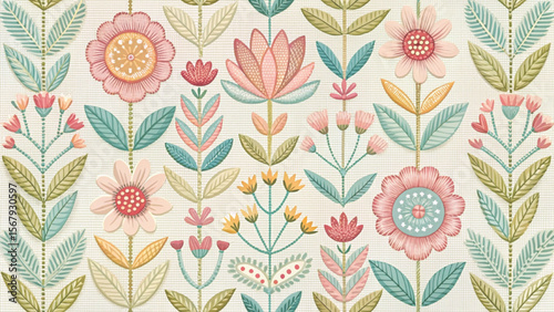 Floral Embroidered Effect Fabric by the yards Vector Background 