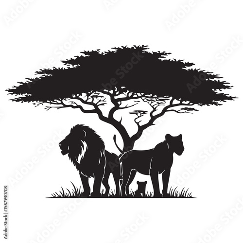 Silhouette of a lion family with a cub under a large acacia tree on the african savanna