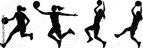 Dynamic Female Basketball Player Silhouettes in Various Poses and Actions


