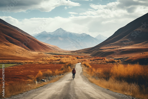 A lone cyclist on a winding road in autumn