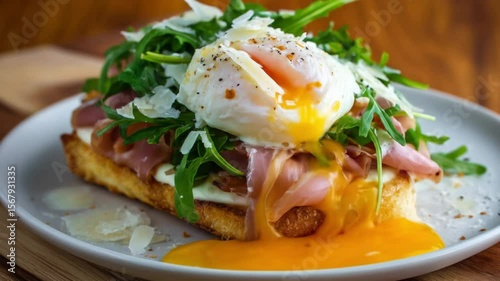 Close-up of a gourmet sandwich with an open poached egg, fresh arugula and toasted sourdough bread. The golden yolk slowly oozes onto the ingredients, creating a mouthwatering moment               