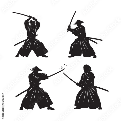 Four Samurai Silhouettes Black and White Sword Fighting Action Poses Japanese Martial Arts Illustration