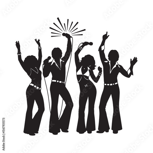 Four Silhouettes of 1970s Singers Performing on Stage with Microphones and Flare Pants Black and White Retro Music Group Illustration