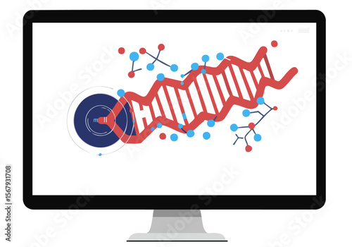 An interactive display showcases a DNA helix graphic with data visualization. Modern, blue and red color scheme. Suitable for tech, science, and data concepts.