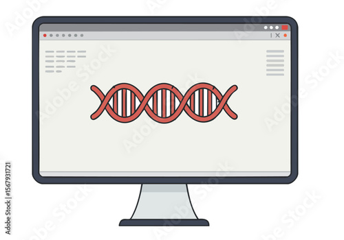 A computer screen displays an mRNA strand alongside a DNA helix. Modern, clean design. Ideal for science, technology, and genetics visuals.