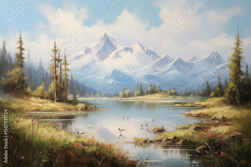Mountain lake landscape with towering peaks and oil paintings