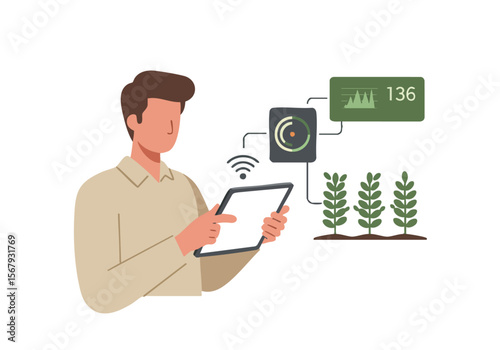 A man examines tablet data displaying farm sensor readings. Modern illustration showcasing agricultural technology and data analysis. Clean, professional design.