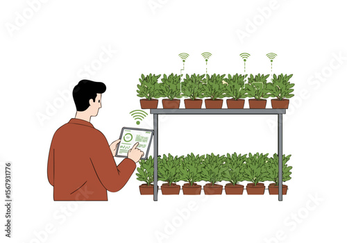 A man monitors a vertical hydroponic farm with a tablet, showcasing data and plant health. Modern, tech-focused, and visually appealing for business or agricultural concepts.