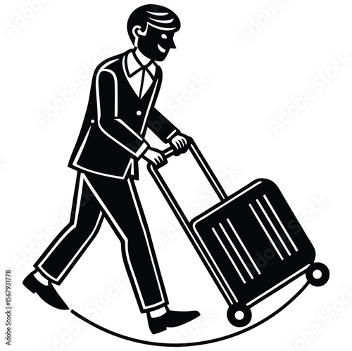 Person pulling carry-on luggage on business travel flat vector icon for apps and websites