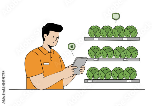 A man monitors a vertical farm with digital tablet, showcasing modern agriculture and technology. Clean, bright, and professional.